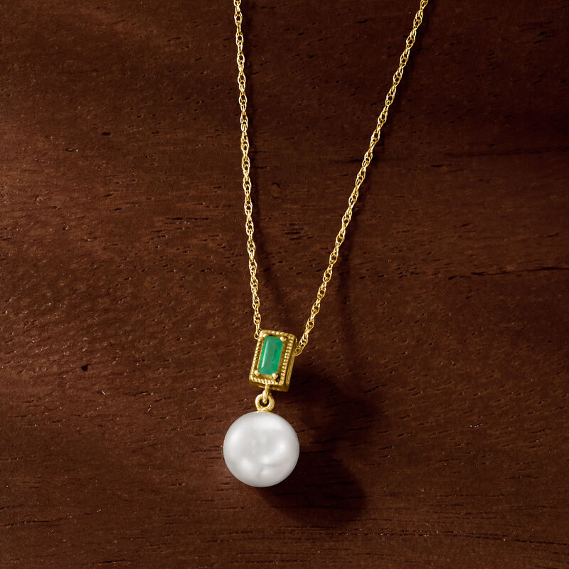 7.5-8mm Cultured Pearl and Emerald Pendant Necklace in 10kt Yellow Gold. 18&quot; image number 2