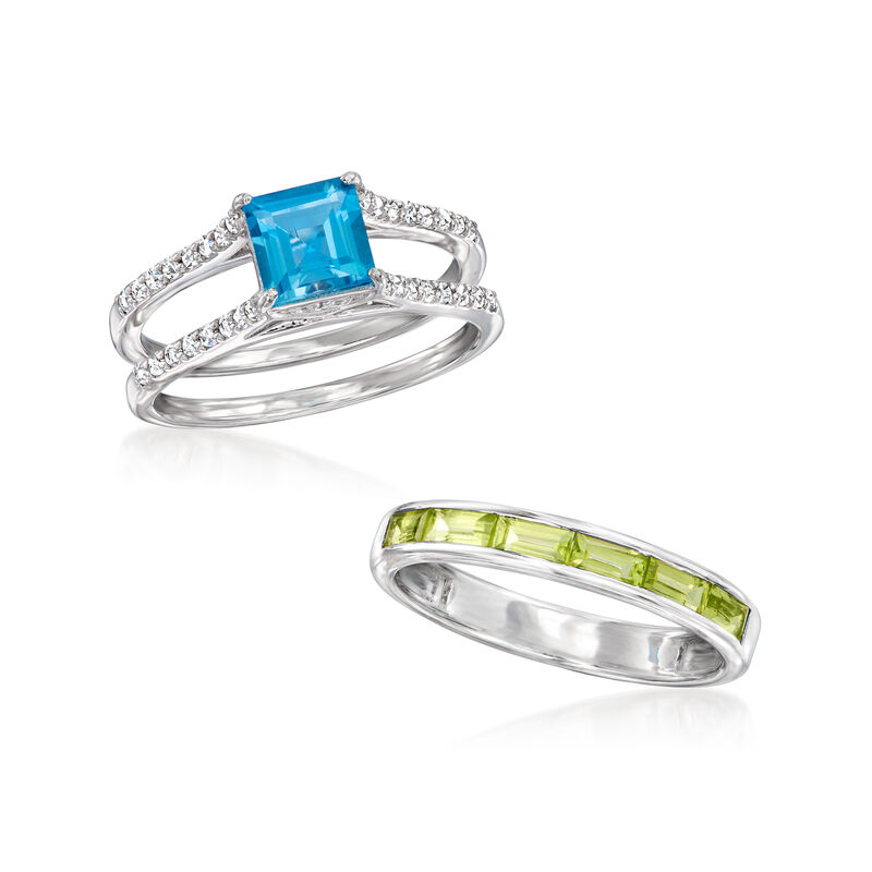 1.30 Carat Swiss Blue Topaz, .70 ct. t.w. Peridot and .30 ct. t.w. White Topaz Jewelry Set: Ring and Ring Guard in Sterling Silver image number 8