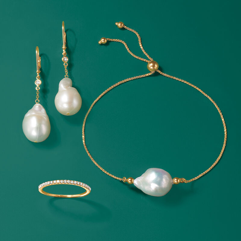 11-12mm Cultured Baroque Pearl Drop Earrings with Diamond Accents in 14kt Gold image number 3
