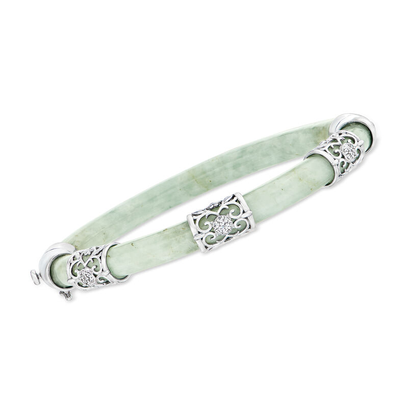 Jade Bangle Bracelet with .10 ct. t.w. Diamonds in Sterling Silver. 7&quot; image number 0