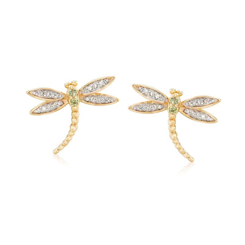 .10 ct. t.w. Diamond Dragonfly Earrings with Peridot Accents in 18kt Gold Over Sterling  image number 0