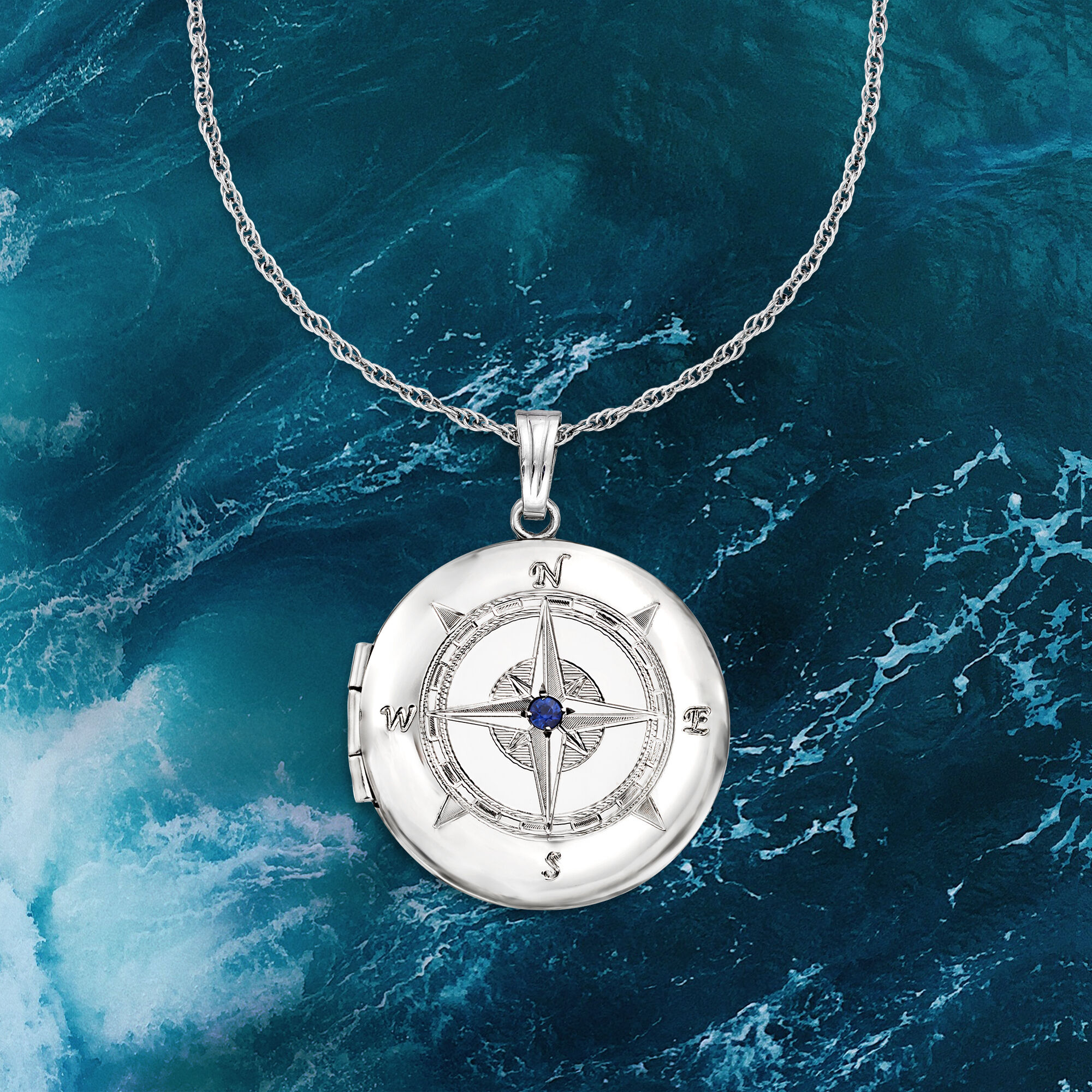 Sterling Silver Compass Locket Necklace with Sapphire Accent