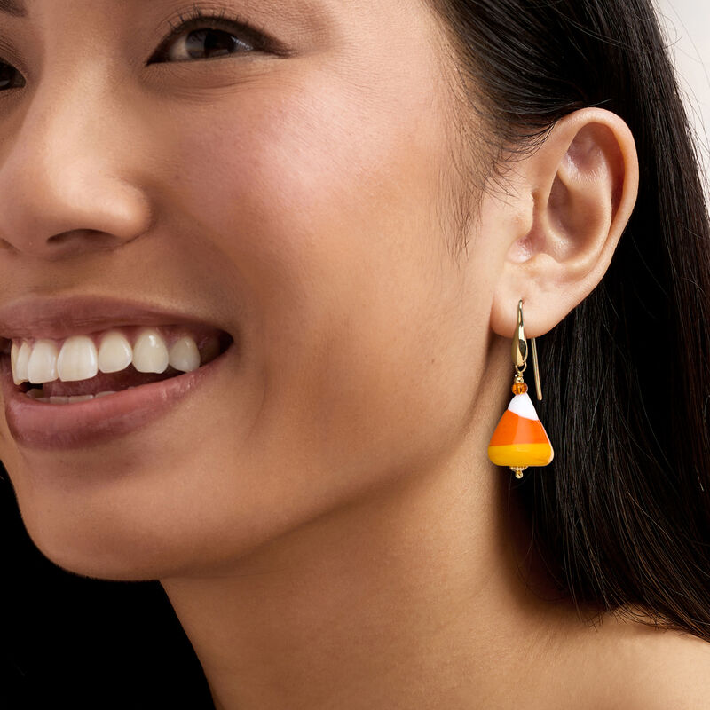 Italian Murano Glass Halloween Candy Corn Drop Earrings in 18kt Gold Over Sterling image number 1