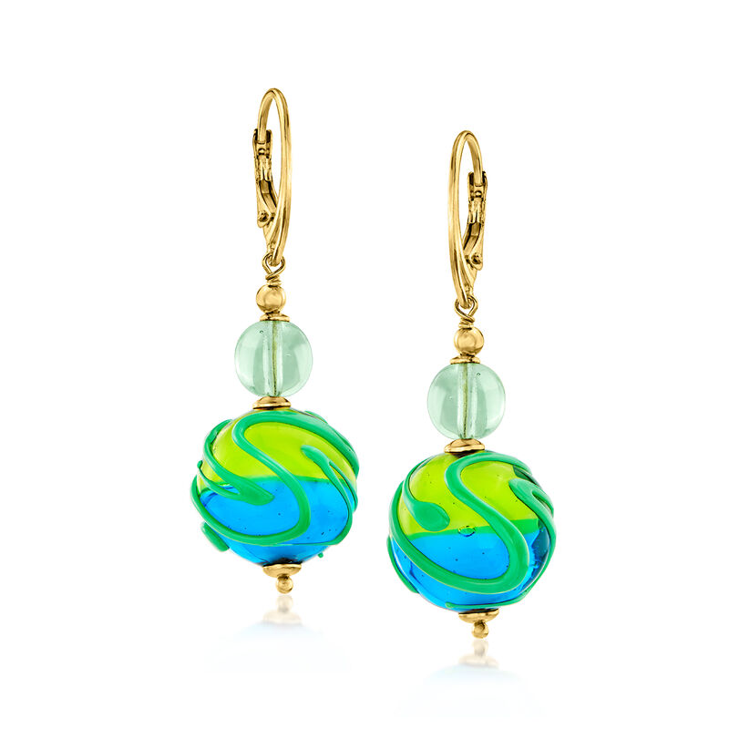 Italian Blue and Green Murano Glass Bead Drop Earrings in 18kt Gold Over Sterling image number 0