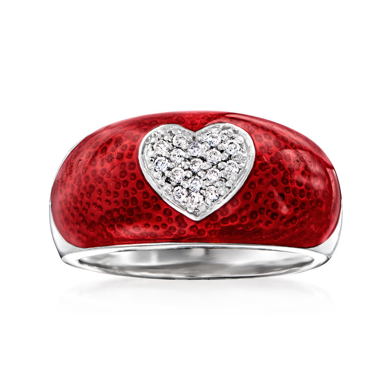 C. 1990 Vintage .17 ct. t.w. Diamond and Red Enamel Heart Ring in 14kt White Gold image number 0