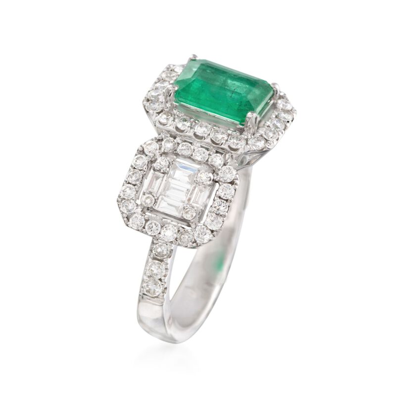 1.00 Carat Emerald and .89 ct. t.w. Diamond Ring in 18kt White Gold image number 2