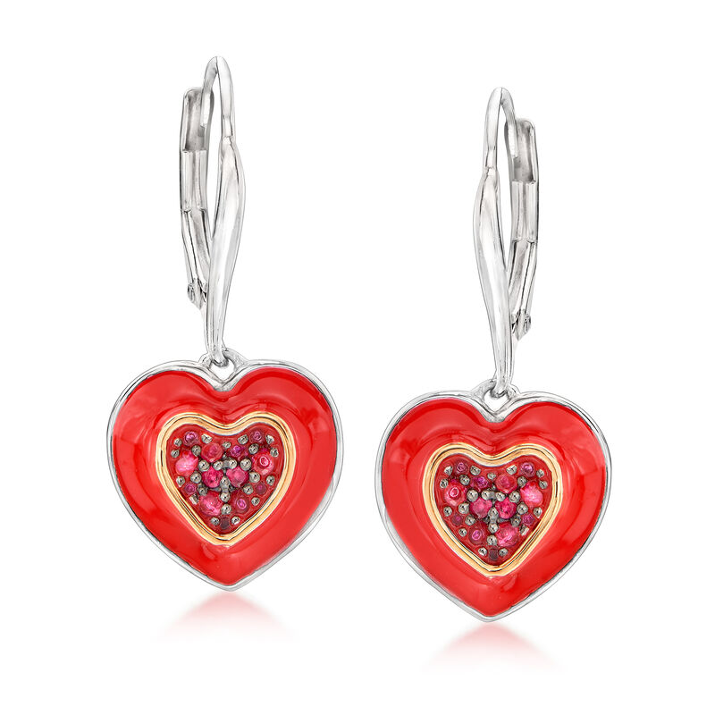 .27 ct. t.w. Ruby and Red Enamel Heart Drop Earrings in Sterling Silver and 14kt Yellow Gold image number 0