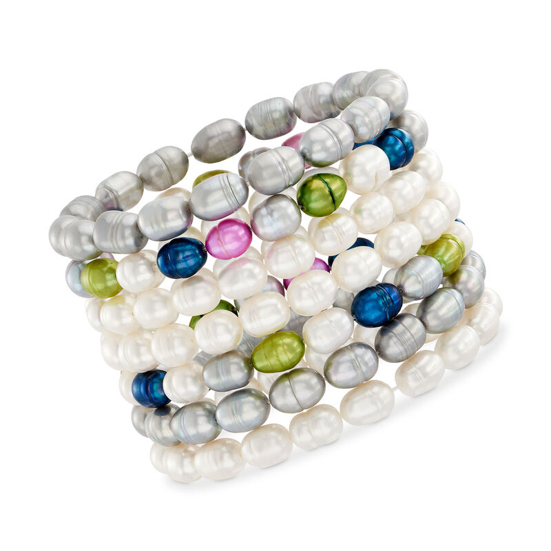7-8mm Multicolored Cultured Baroque Pearl Jewelry Set: Seven Stretch Bracelets image number 0