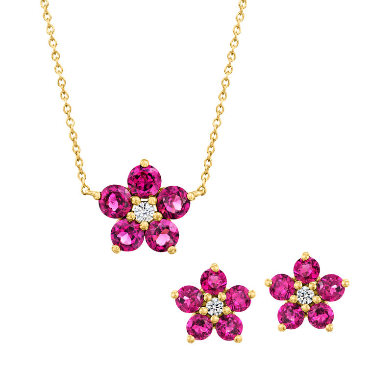 2.70 ct. t.w. Rhodolite Garnet and .10 ct. t.w. White Zircon Flower Jewelry Set: Earrings and Necklace in 18kt Gold Over Sterling. 18&quot; image number 0