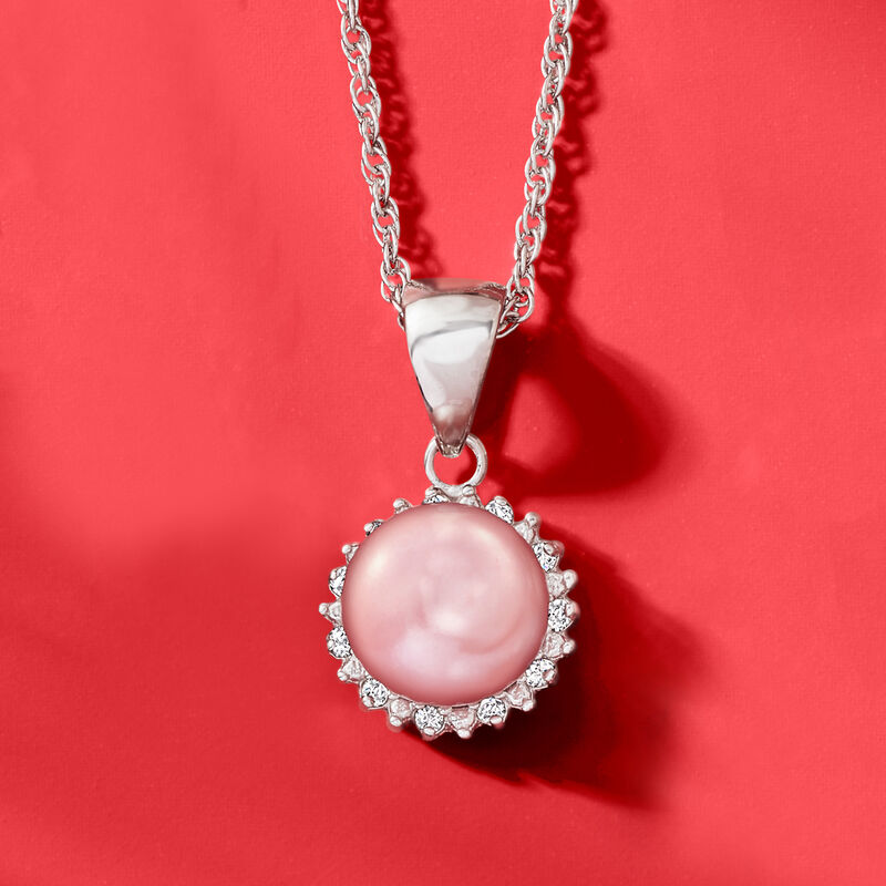 7-7.5mm Pink Cultured Button Pearl Pendant Necklace with Diamonds in Sterling Silver. 18&quot; image number 2