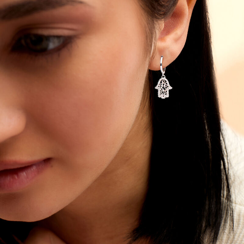 .20 ct. t.w. Diamond Filigree Hamsa Hoop Drop Earrings in Sterling Silver  image number 1
