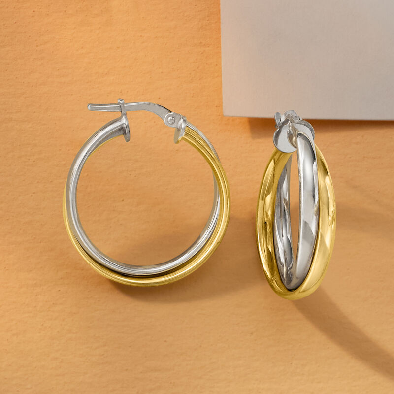 Italian Sterling Silver and 18kt Gold Over Sterling Double-Hoop Earrings. 1" image number 2