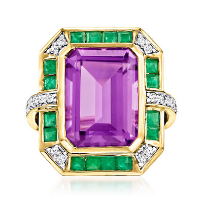 7.00 Carat Amethyst, .80 ct. t.w. Emerald and .20 ct. t.w. Diamond Ring in 14kt Yellow Gold