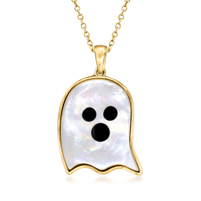 Mother-of-Pearl and Black Enamel Ghost Pendant Necklace in 18kt Gold Over Sterling image number 0