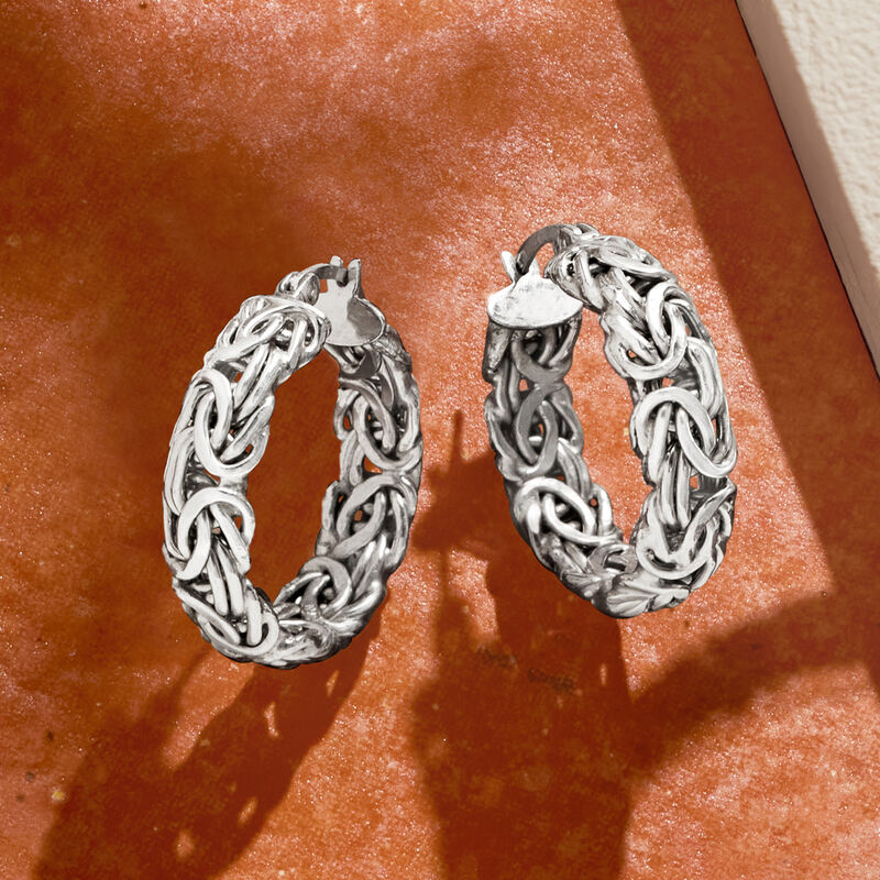 Sterling Silver Byzantine Hoop Earrings. 1&quot; image number 3