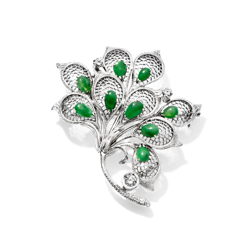 C. 1980 Nephrite and .30 ct. t.w. Diamond Flower Pin/Pendant in 14kt White Gold image number 3