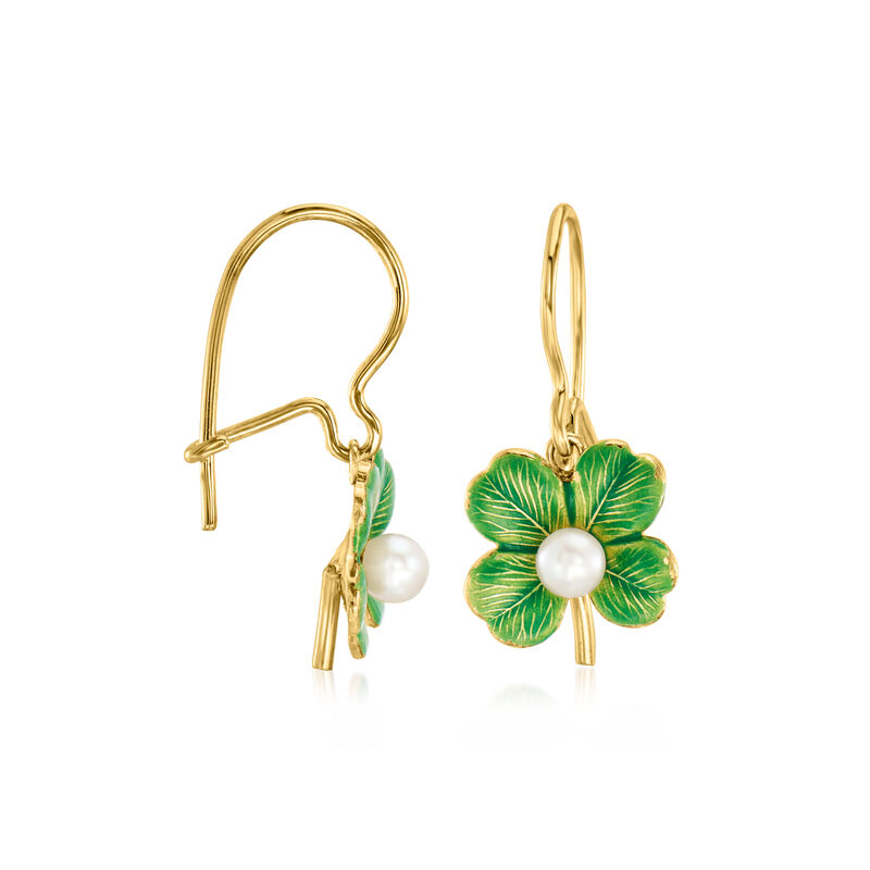C. 1960 Vintage 3.2mm Cultured Pearl and Green Enamel Clover Drop Earrings in 14kt Yellow Gold  image number 2