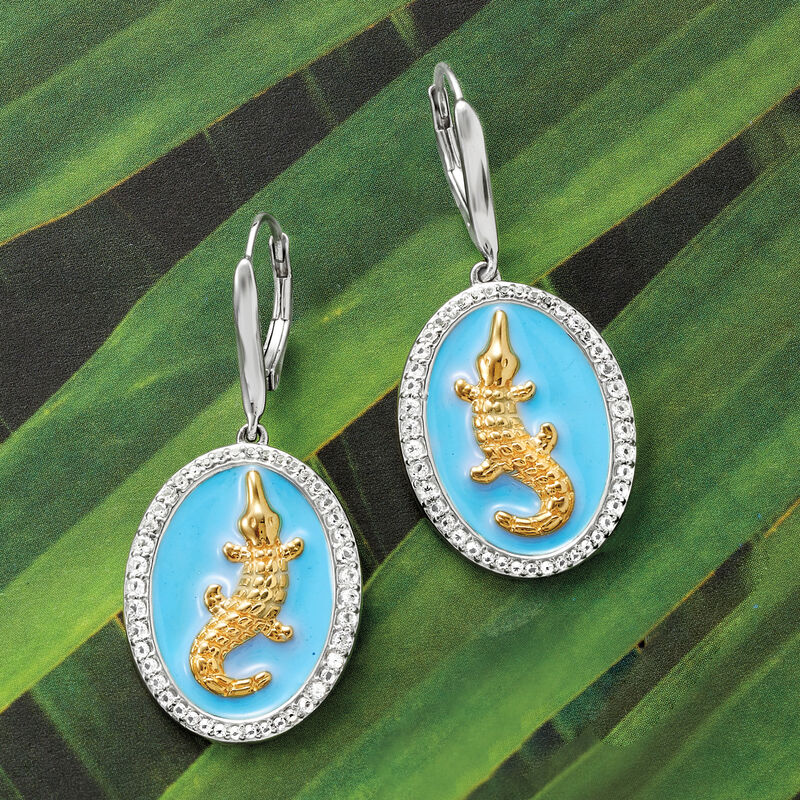 .70 ct. t.w. White Topaz and Blue Enamel Alligator Drop Earrings in Two-Tone Sterling Silver image number 2