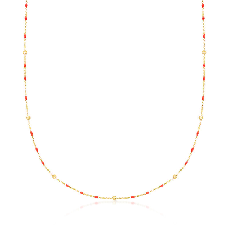 Italian 14kt Yellow Gold Bead and Coral Enamel Station Necklace image number 0