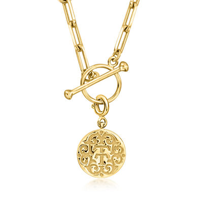 18kt Gold Over Sterling Paper Clip Link Toggle Necklace with Removable "T and T Twin Talk" Logo Charm