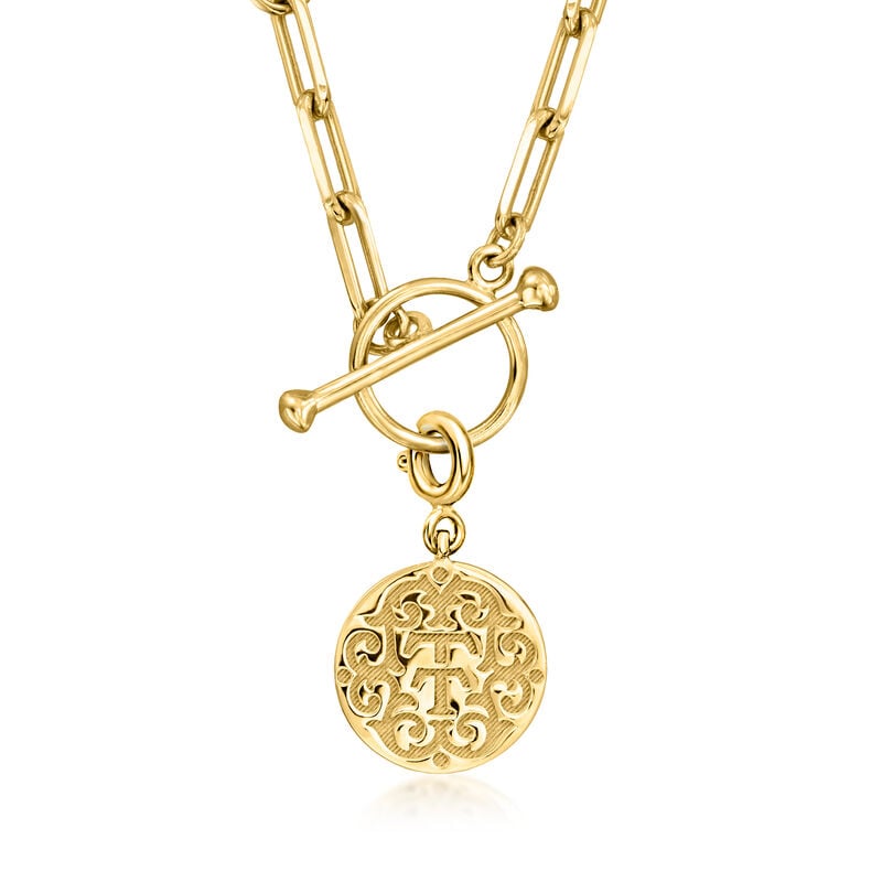 18kt Gold Over Sterling Paper Clip Link Toggle Necklace with Removable "T and T Twin Talk" Logo Charm image number 0
