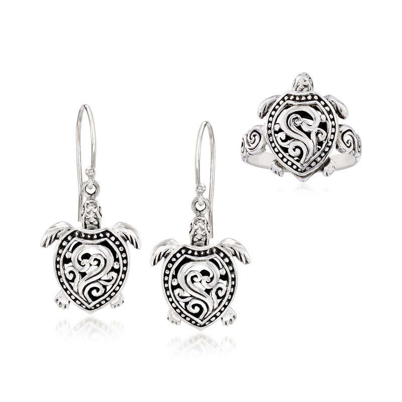 Sterling Silver Bali-Style Jewelry Set: Turtle Drop Earrings and Ring image number 0