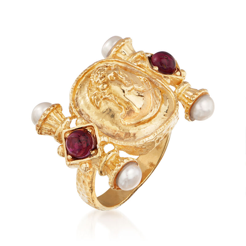 Italian 5mm Cultured Pearl and 4.00 ct. t.w. Garnet Ring in 18kt Gold Over Sterling image number 2