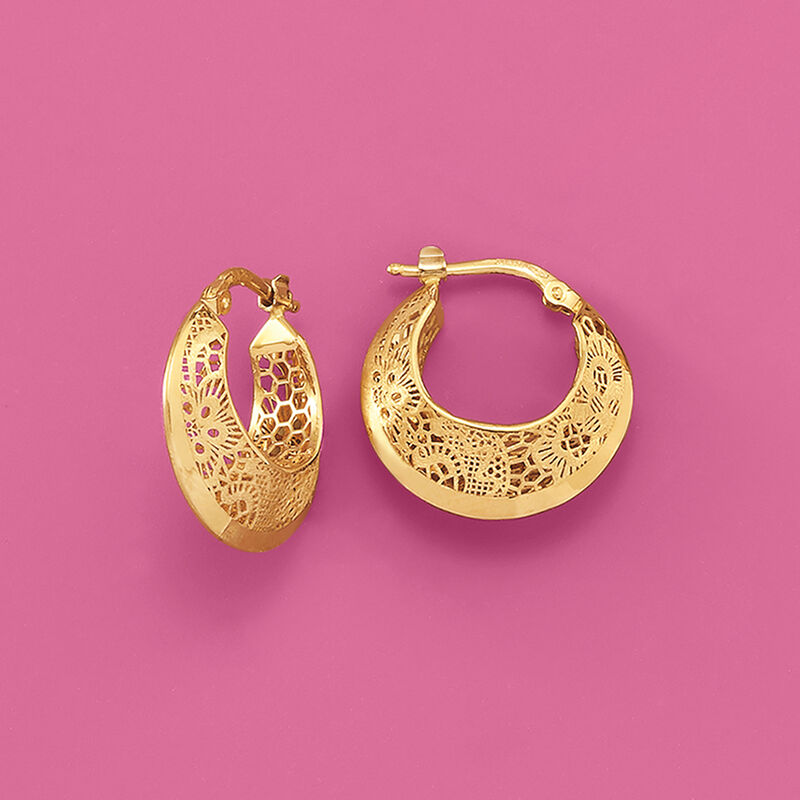 Italian 18kt Yellow Gold Floral Openwork Hoop Earrings. 3/4&quot; image number 2