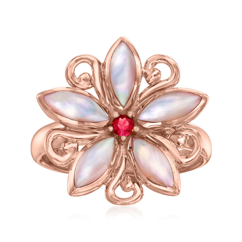 C. 1990 Vintage Kabana Mother-Of-Pearl and .10 Carat Ruby Flower Ring in 14kt Rose Gold image number 0