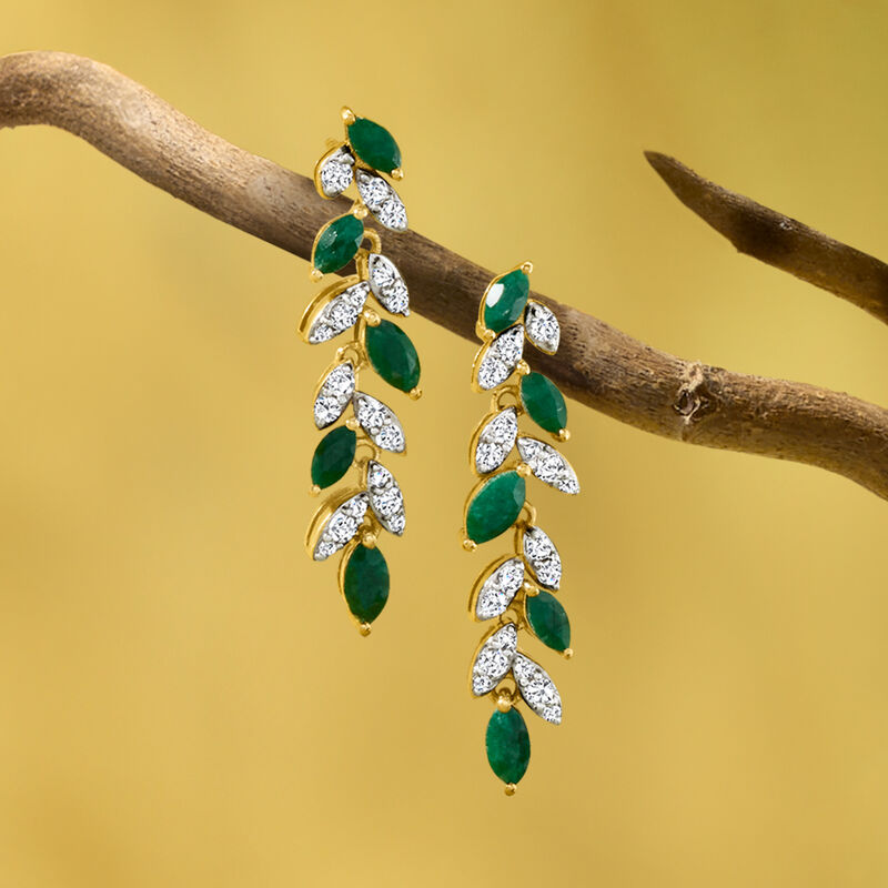 3.50 ct. t.w. Emerald and .80 ct. t.w. White Topaz Leaf Drop Earrings in 18kt Gold Over Sterling  image number 2