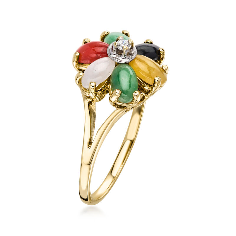 C. 1980 Vintage Multicolored Jade Flower Ring with Single Diamond in 14kt Yellow Gold. Size 5.5 image number 2