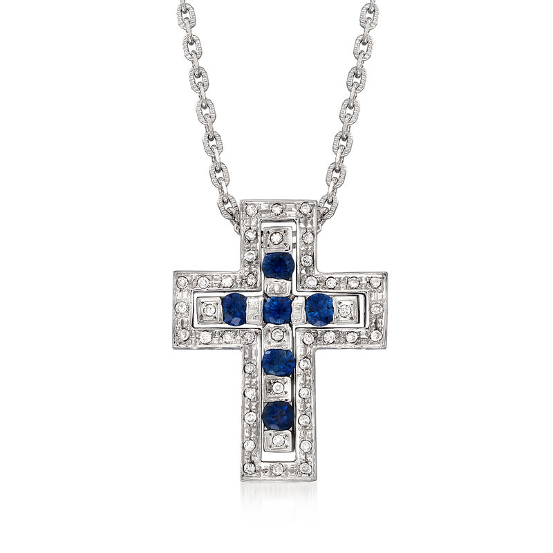 C. 1990 Vintage .75 ct. t.w. Sapphire and .24 ct. t.w. Diamond Cross Pendant Necklace in 18kt White Gold. 197 image number 0