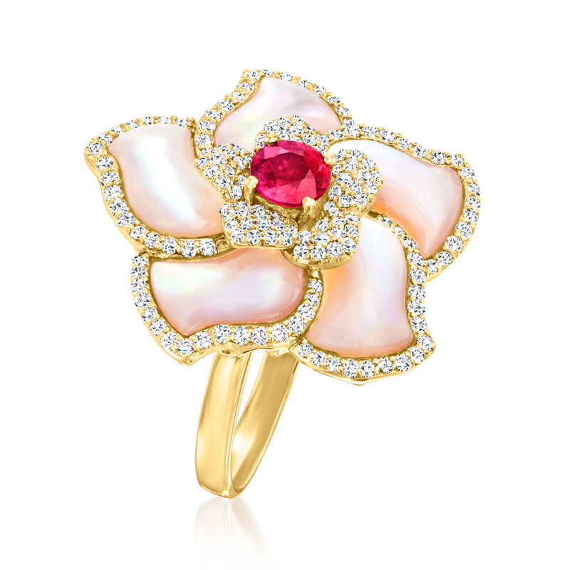 Pink Mother-of-Pearl and .60 Carat Ruby Flower Ring with .63 ct. t.w. Diamonds in 14kt Yellow Gold image number 2