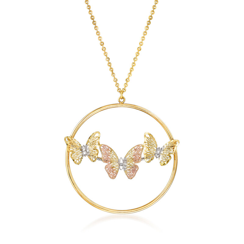 Italian 14kt Tri-Colored Gold Filigree Butterfly Necklace. 18&quot; image number 0