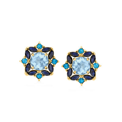 5.30 ct. t.w. Sky and London Blue Topaz Earrings with 4.60 ct. t.w. Sapphires in 18kt Gold Over Sterling