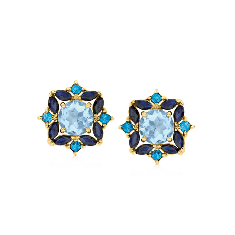 5.30 ct. t.w. Sky and London Blue Topaz Earrings with 4.60 ct. t.w. Sapphires in 18kt Gold Over Sterling  image number 0