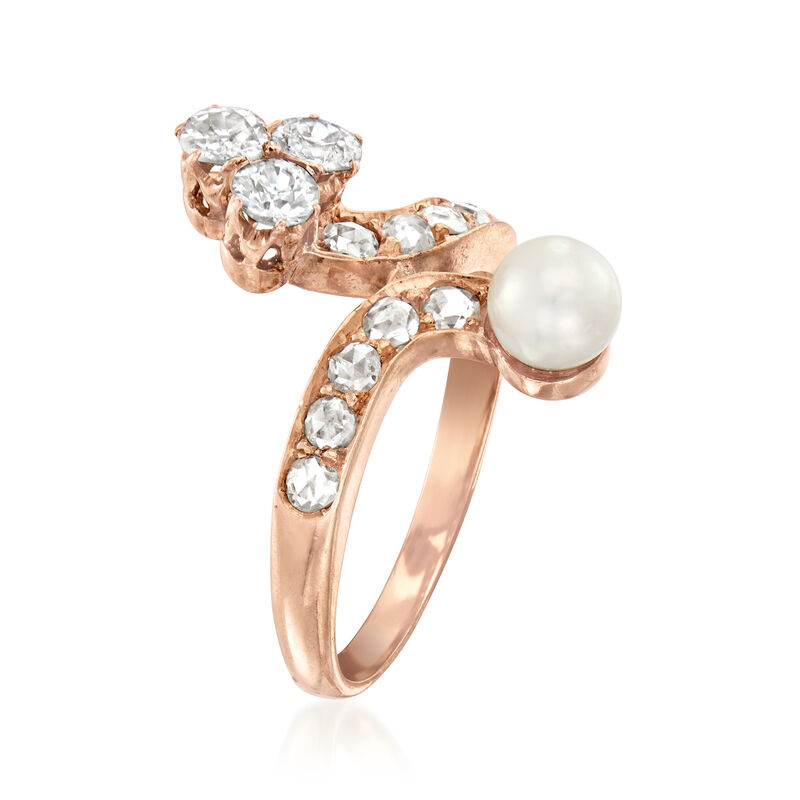 C. 1980 Vintage 5mm Cultured Pearl and .66 ct. t.w. Diamond Bypass Ring in 18kt Rose Gold. Size 6.25 image number 2
