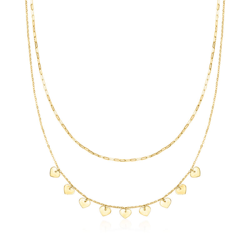 Italian 14kt Yellow Gold Paper Clip Link and Heart Station Layered Necklace image number 0