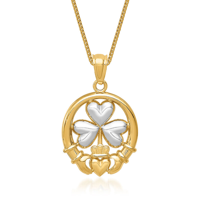 14kt Two-Tone Gold Shamrock and Claddagh Pendant Necklace. 18&quot; image number 0