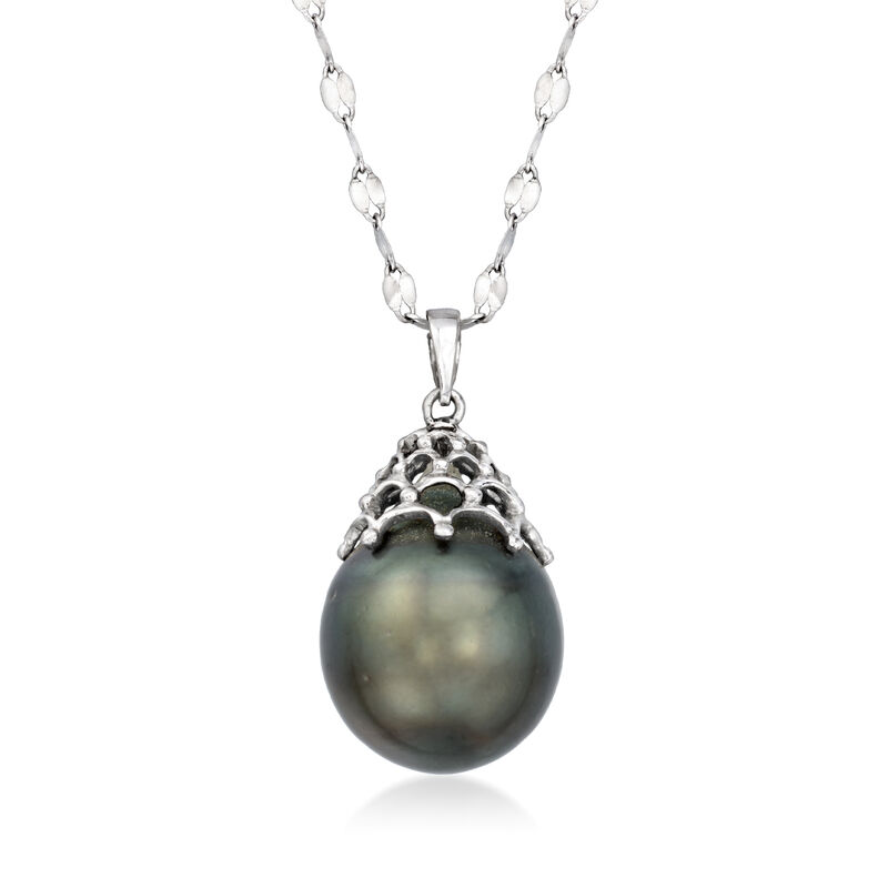C. 1980 Vintage 18x12mm Black Cultured Tahitian Pearl Pendant Necklace in 14kt White Gold. 24&quot; image number 0