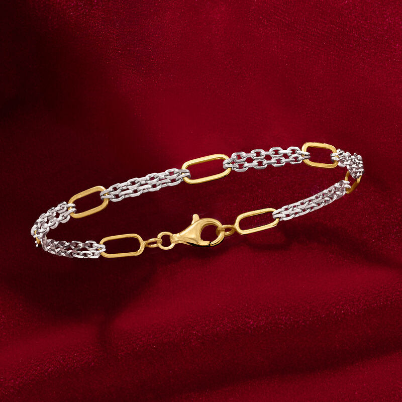 Sterling Silver and 18kt Gold Over Sterling Cable and Paper Clip Link Station Bracelet image number 3