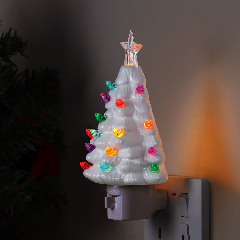 Mr. Christmas "Nostalgic" Set of 2 White Ceramic Christmas Tree Night Lights image number 2