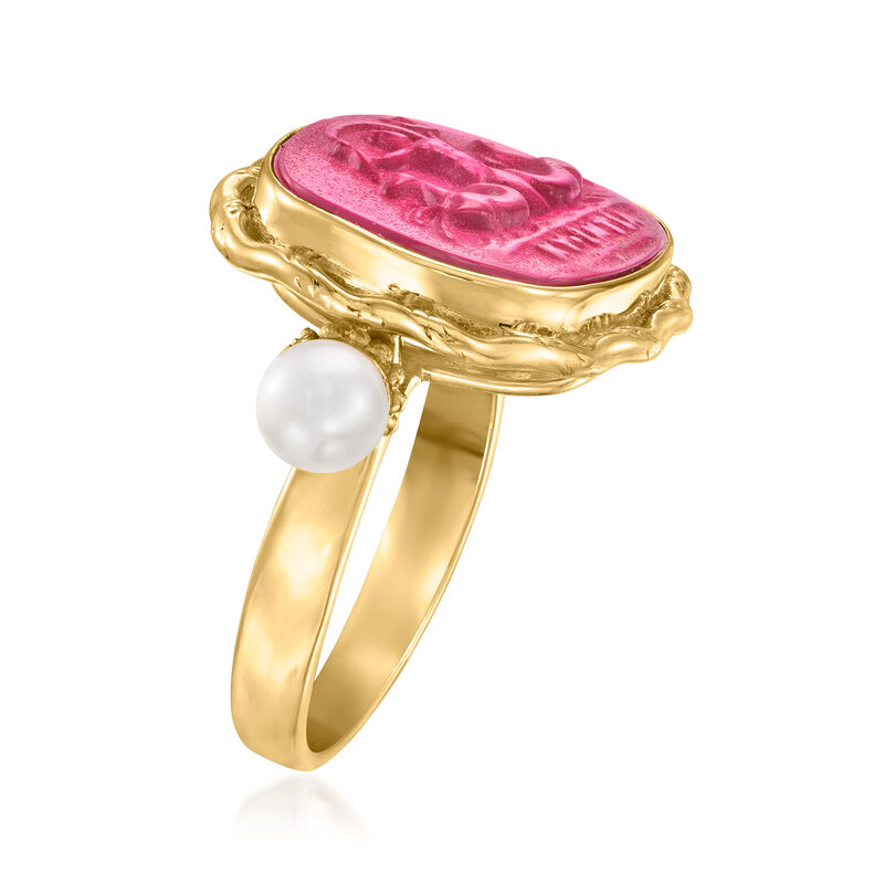 Italian Tagliamonte Pink Venetian Glass and 5.5-6mm Cultured Pearl Poseidon Ring in 18kt Gold Over Sterling image number 2