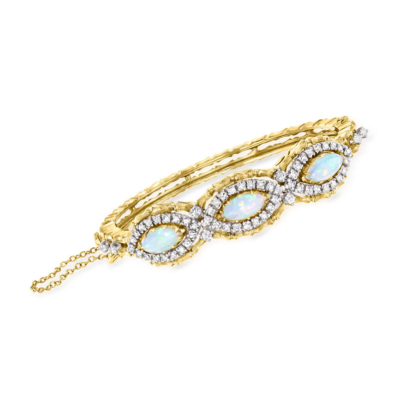 C. 1980 Vintage Opal and 1.75 ct. t.w. Diamond Bangle Bracelet in 18kt Yellow Gold. 6.5&quot; image number 0