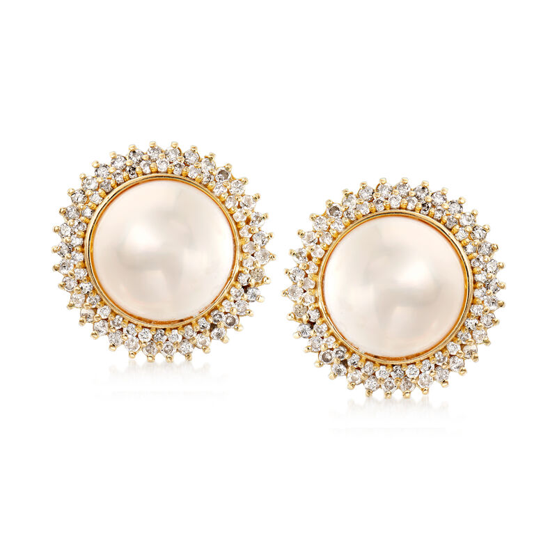 C. 1990 Vintage 12mm Mabe Pearl and 1.70 ct. t.w. Diamond Earrings in 14kt Yellow Gold image number 0