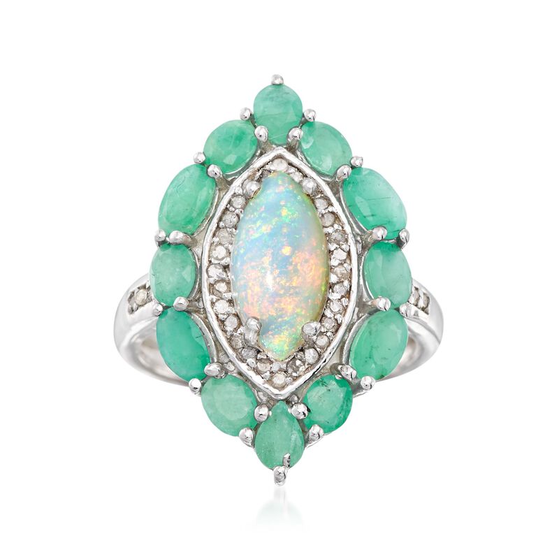 Opal and 1.80 ct. t.w. Emerald Marquise-Shaped Ring with .17 ct. t.w. Diamonds in Sterling Silver image number 0