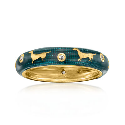 C. 1990 Vintage Hidalgo Green Enamel Dog Ring with Diamonds in 18kt Yellow Gold