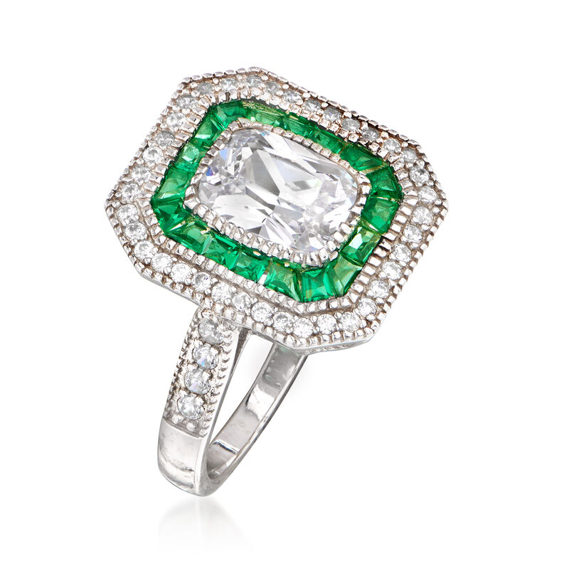 1.75 ct. t.w. CZ and .60 ct. t.w. Simulated Green Spinel Ring in Sterling Silver image number 2