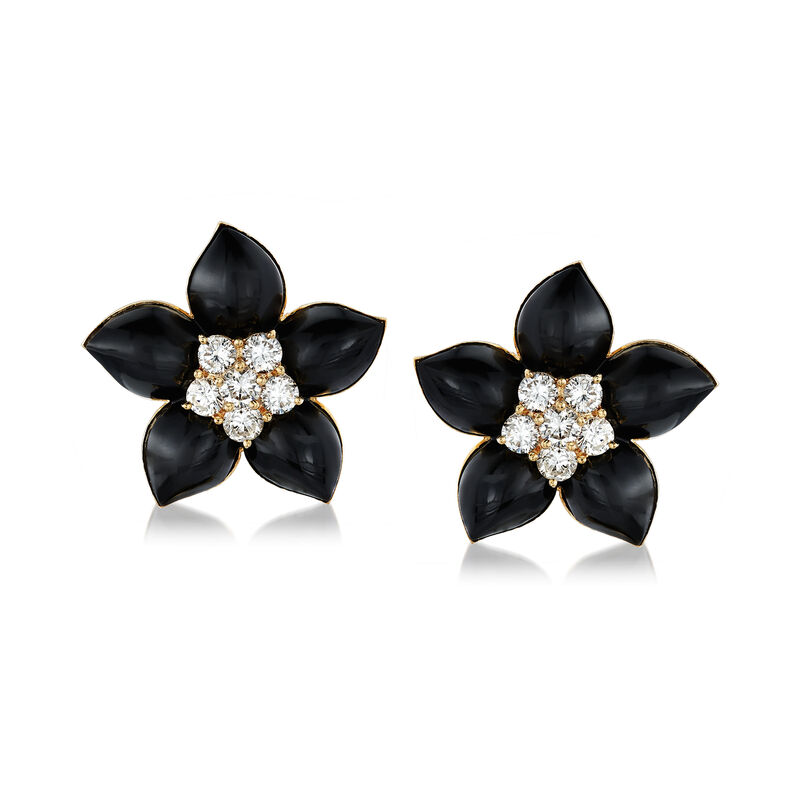 C. 1970 Vintage Black Onyx and 2.35 ct. t.w. Diamond Flower Earrings in 18kt Yellow Gold image number 0