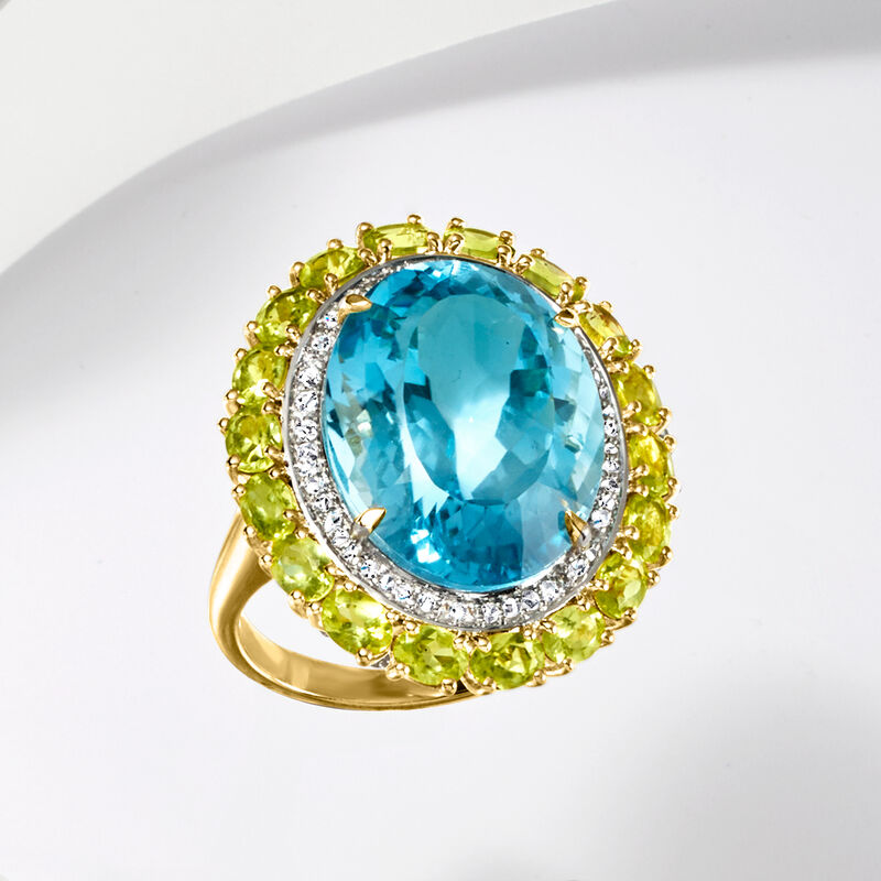20.00 Carat Swiss Blue Topaz Ring with 3.20 ct. t.w. Peridots and .30 ct. t.w. White Topaz in 18kt Gold Over Sterling image number 4